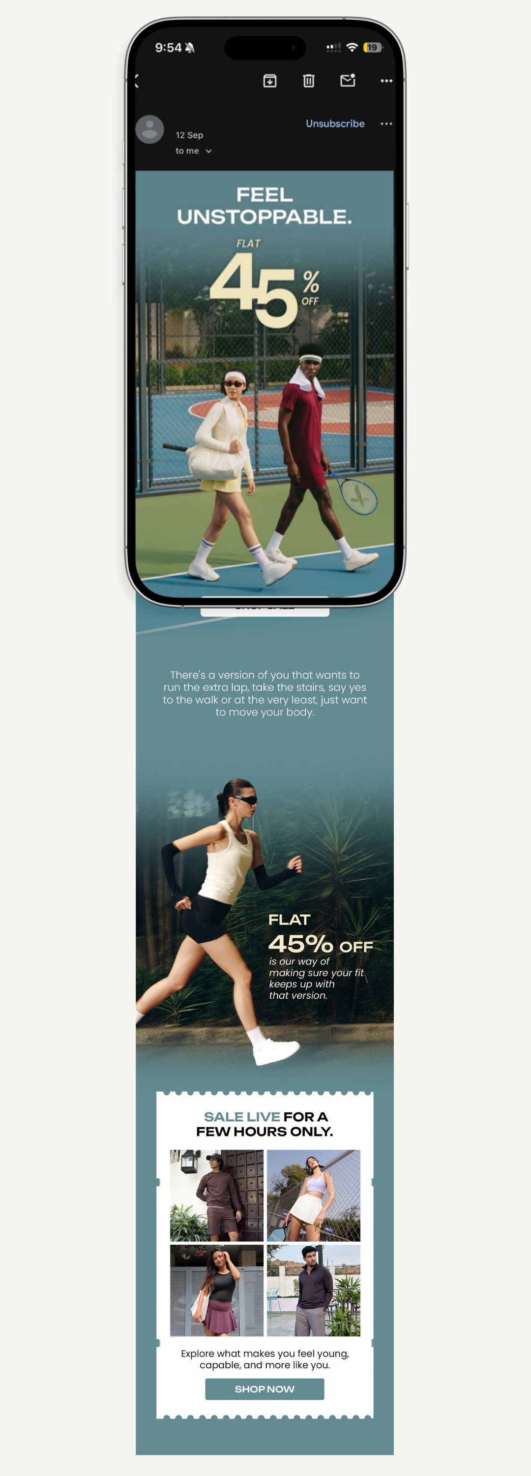 Cava weekend sale campaign screens - Feel Unstoppable, flat 45% off